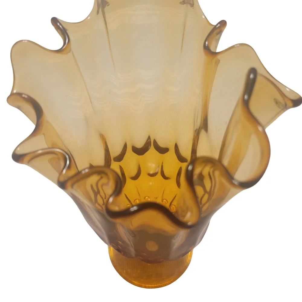 Vintage Fenton Amber Glass Vase‎ Scalloped Handkerchief Thumbprint Decor MCM
